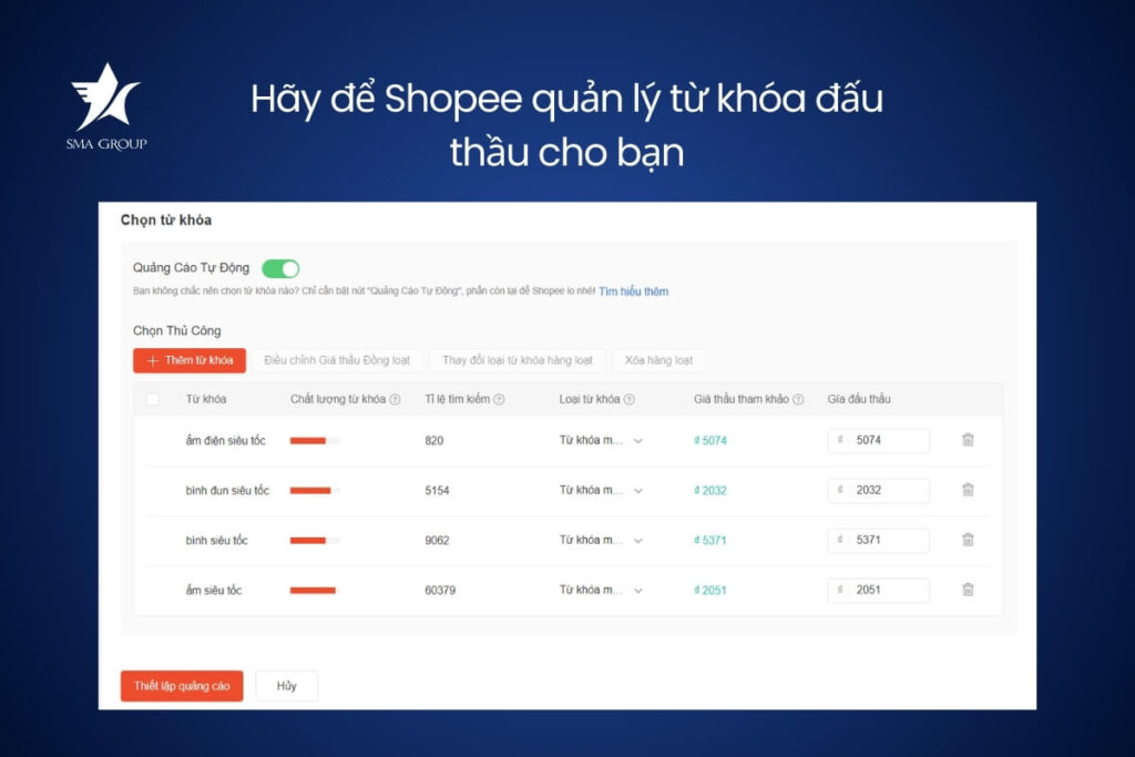 Hãy để Shopee quản lý từ khóa đấu thầu cho bạn