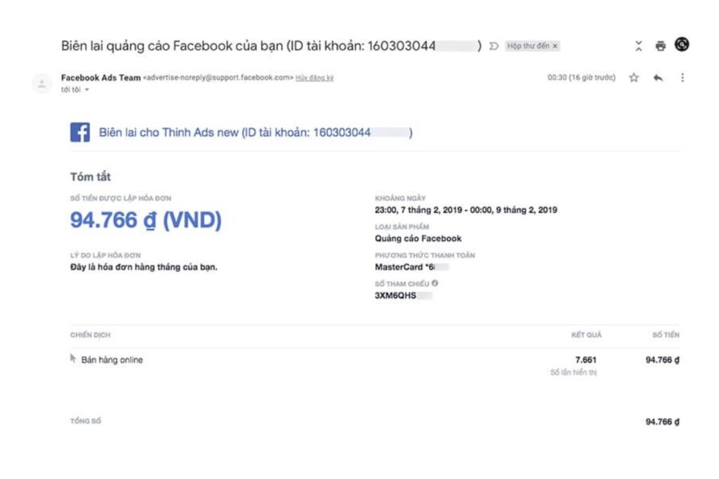 Hoá đơn quảng cáo facebook gửi về mail